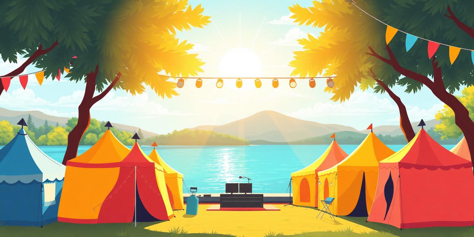 Slunečný letní festival se stany a pódiem u jezera