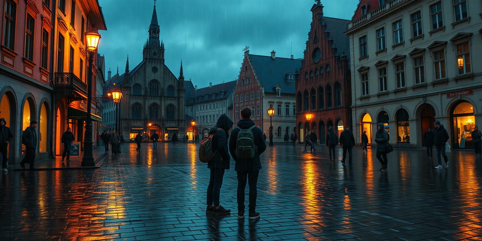 Deštivý večer na náměstí v Plzni: skupinka teenagerů s batohy a vybitým mobilem