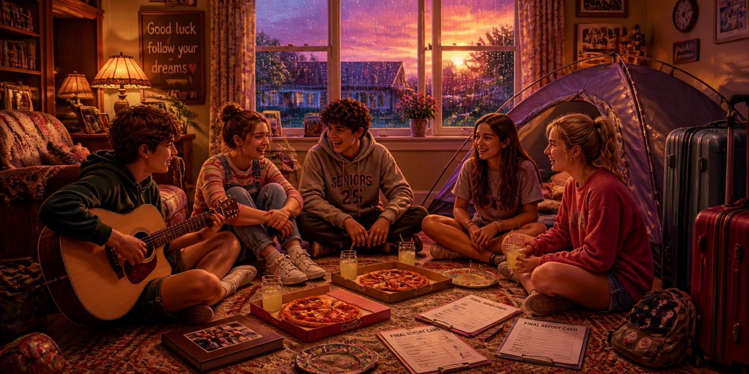 Rozlučková párty pěti teenagerů v obývacím pokoji babičky, kytara, pizza, vysvědčení a déšť za oknem